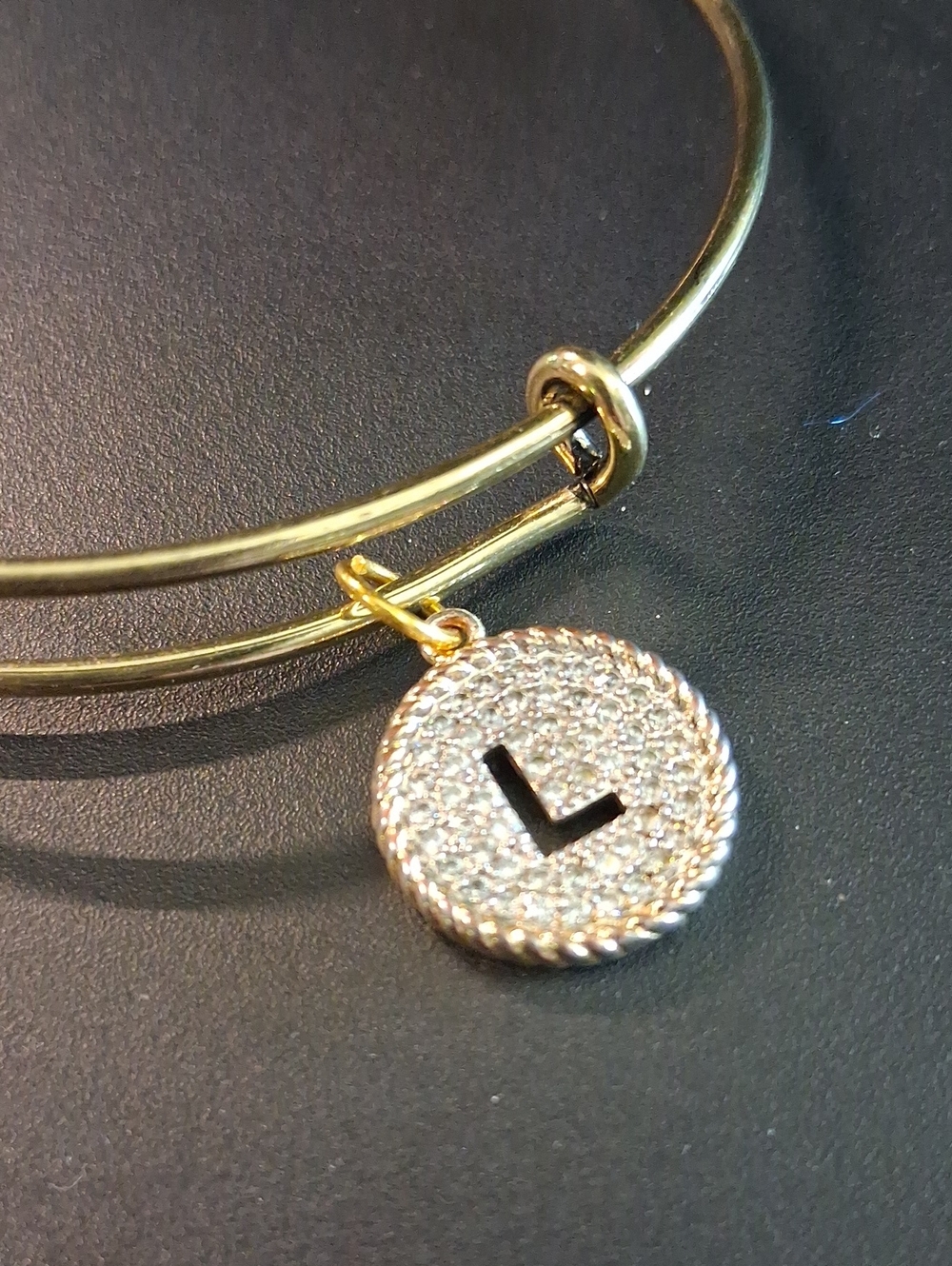 Gold Initial 'L' Disc Charm Bangle Bracelet - Personalized Women Jewelry